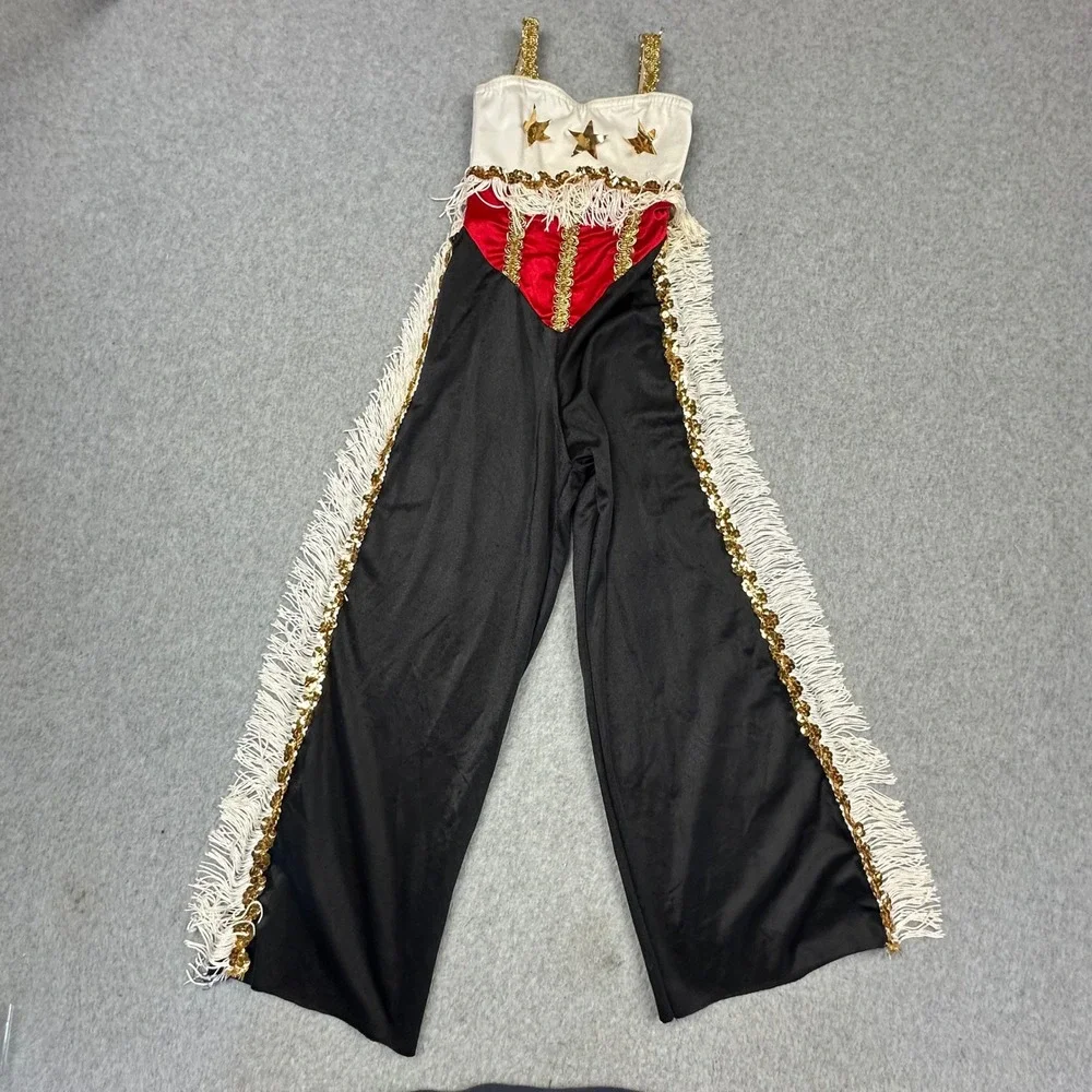 Kids Western Cowgirl Dance Costume Jumpsuit Gold Sequin Fringe Stars Black Red